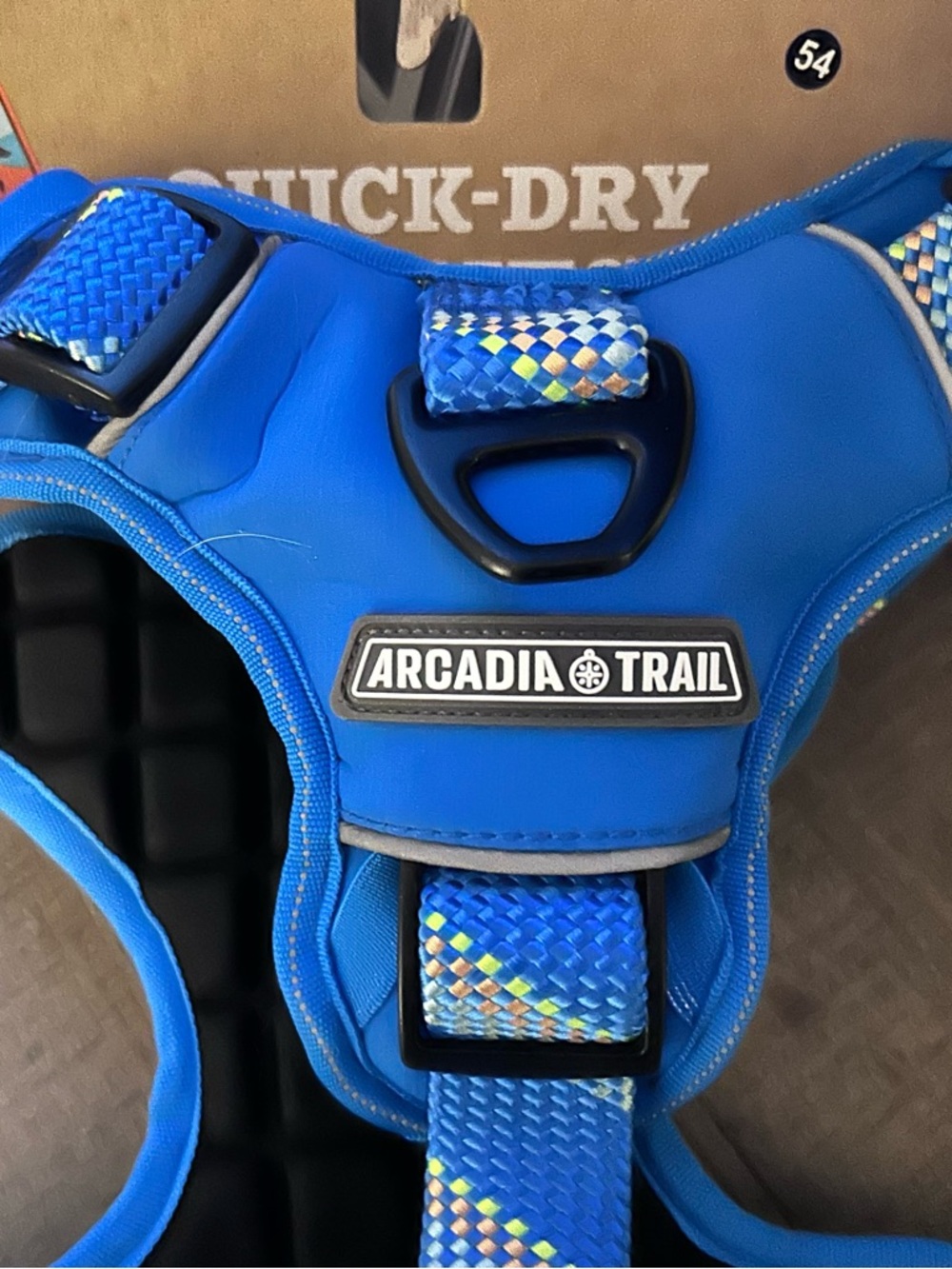 Arcadia Trail Blue Dog Harness with Multicolor Reflective Webbing